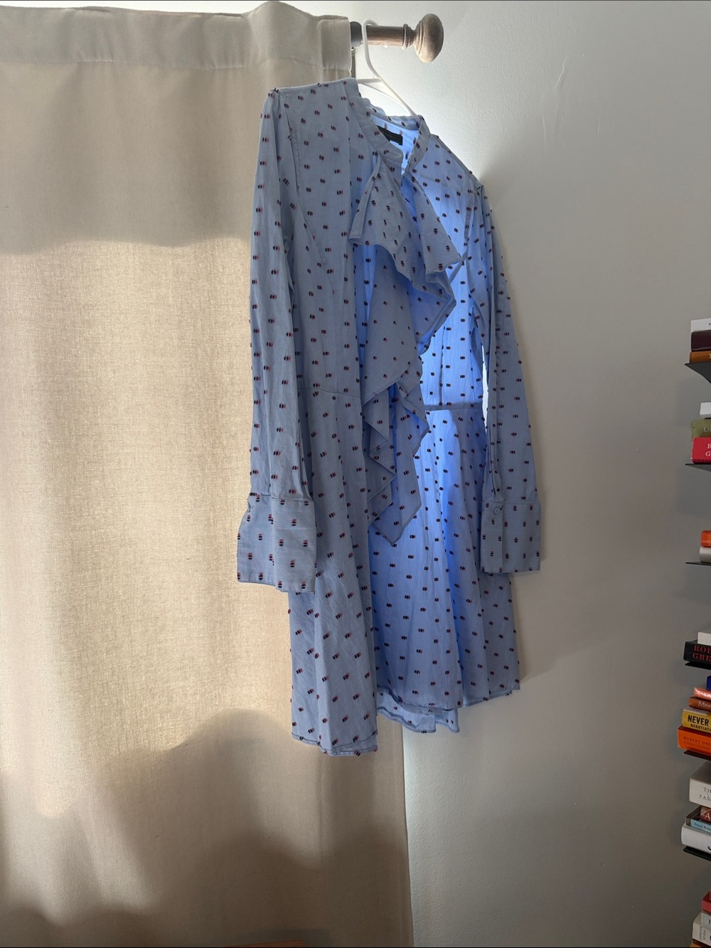 BCBG Light Blue Ruffle Tie-Neck Long Sleeve Dress